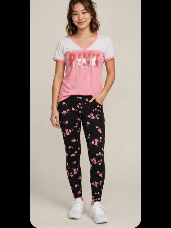 PINK Victoria's Secret Pants - PINK Victoria's Secret Black Leggings with Pink Floral & Pink Logo Tee
